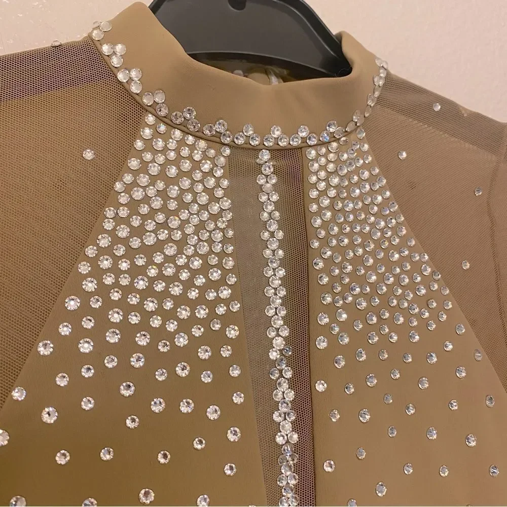 LA dance solo custom tan nude beige illusion leotard costume bedazzled bling LC